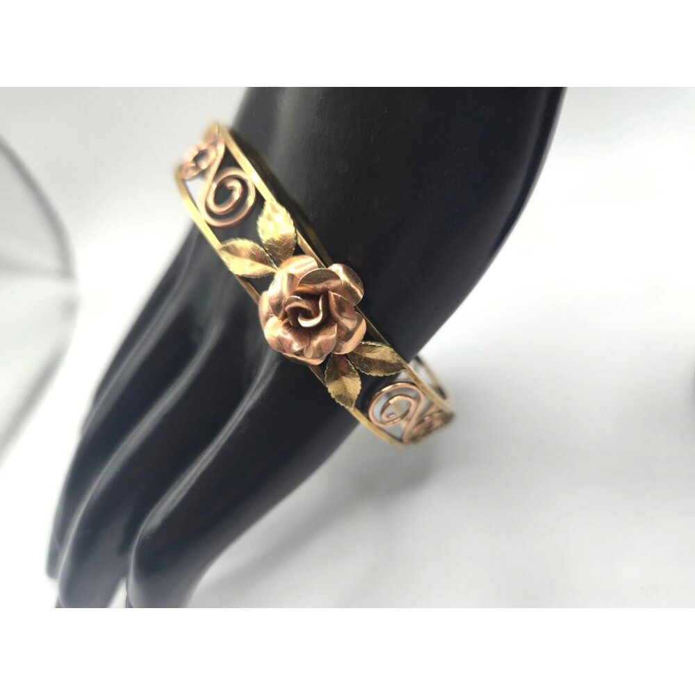 Vintage Krementz Gold Filled Cuff Bracelet Rose & Leaf Design Signed
